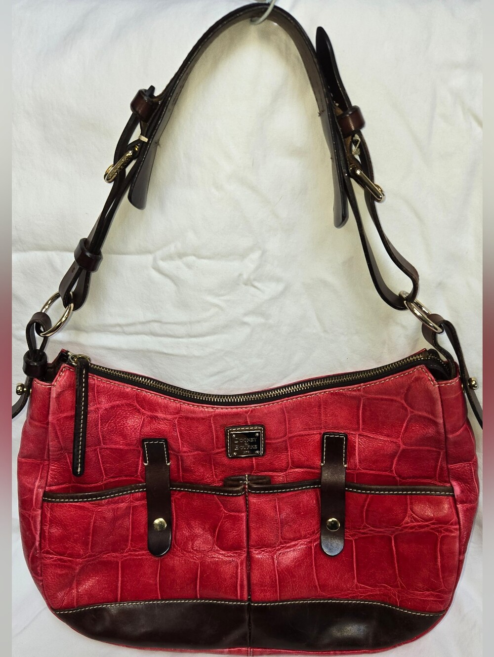 Dooney & Bourke Red Croc Embossed Leather Hobo Shoulder Bag Brown Trim Large